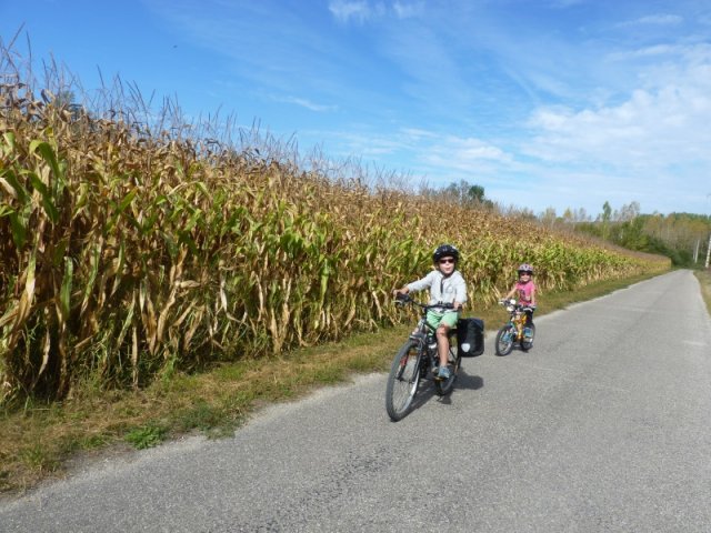 Photo : Les enfants à vélo avec les sacoches (Via-Rhôna, France)