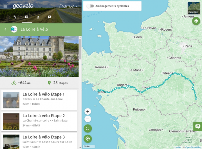 Copie d'écran de la Loire à vélo sur geovelo.fr