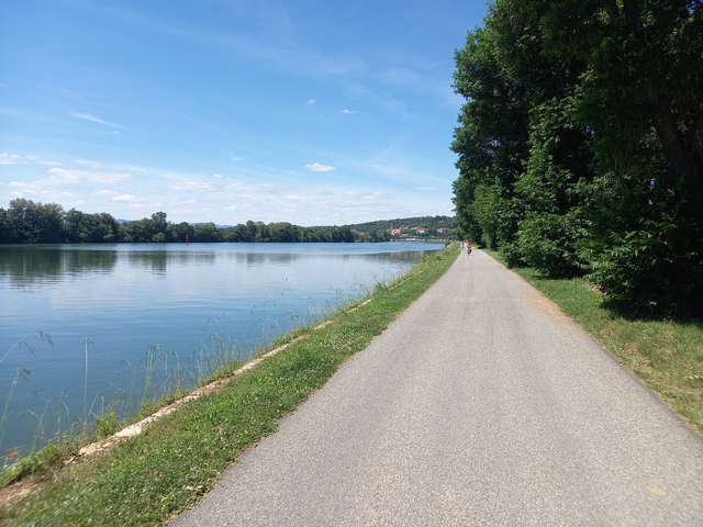 Piste cyclable bitumée (ancien chemin de halage) au bord de la Saône sous un grand soleil