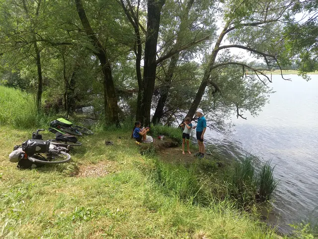 Des vélos chargés de sacoches couchés dans l'herbe, et des enfants qui pique-niquent à l'ombre des arbres au bord de la rivière.