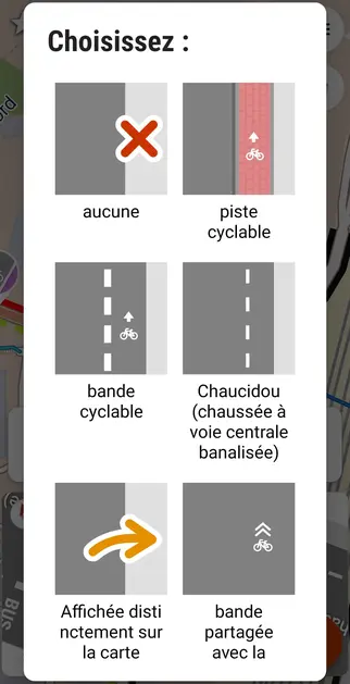 Capture d'écran StreetComplete : réponses aménagements cyclables