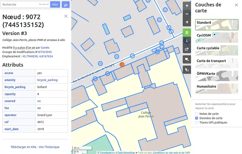Capture d'écran OpenStreetMap avec le détail des données